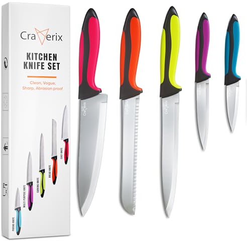 craverix All Purpose Professional Kitchen Knife Set, 5 Piece Sharp Kitchen Knives - Stainless Steel Blades with TPR Handles (Colored)- Pizza Bread Cheese, Gift Set