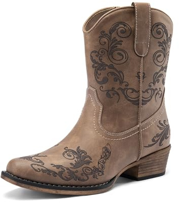 DREAM PAIRS Stivaletti da donna Cowboy Cowgirl western bassi tacchi grossi punta quadrata autunno stivaletti corti scarpe, Marrone, 39 EU