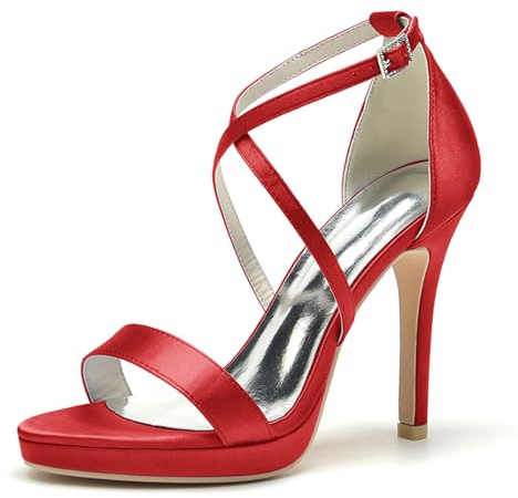 ENWIND Sandalias De Tacón Alto para Mujer Punta Abierta Elegante Tacon Fino Zapatos De Fiesta De Boda con Plataforma Y Correa Cruzada,Rojo,39 EU