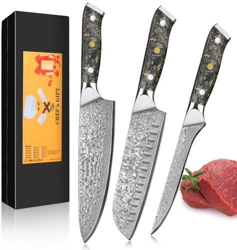 kyushublade Knife Set, Damascus Kitchen Knife Sets Made of 67-Layer of VG10 Steel, Full Tang Kitchen Knives Set with Ergonomic Black and Gold Resin Hanlde, for Home Restarent, Gift Box, 3-Pieces