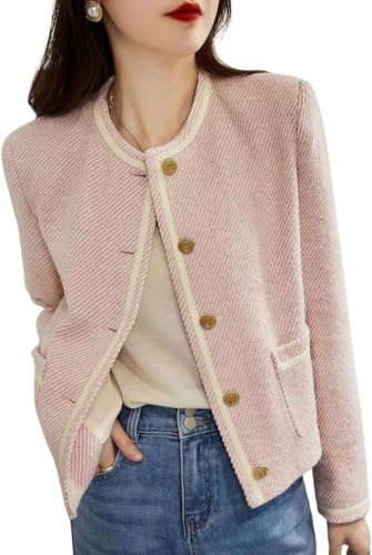 Goolecrimp Giacca da Donna in Tweed Senza Colletto a Righe Vintage, Elegante Giacca da Lavoro Sottile da Ufficio Corta Morbida in Tweed Giacca Ampia da Lavoro (Rosa,M)