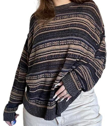 Women Vintage Striped Pullover Sweater Y2k Long Sleeve Crew Neck Loose Knit Sweaters Fall Winter Knitwear (Brown, S)
