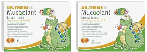 Dr. Theiss Mucoplant - 6 Lecca Lecca Bambini 60 g - Chupa Chupa per Sollievo dal Mal di Gola e Protegge la Mucosa Orale, con Con Altea, Vitamina C e Salvia (Confezione da 2)