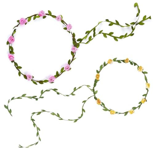 WeddHuis 2Pcs Blumenkranz Haare Blumenkrone Damen Mädchen Boho Blumen Haarband Braut Rosen Haarreif Stirnband mit Blättern Hochzeit Party Kommunion Geburtstag Kopfschmuck