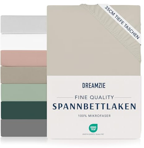 Dreamzie Spannbettlaken 120x200cm - 35 cm Tiefe Tasche - 100% Mikrofaser Bettlaken - Beige, Schadstoffgeprüft(Oeko TEX), Bettlaken mit Gummizug