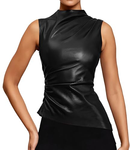Ehoomely Camiseta sin mangas de piel sintética para mujer, cuello alto, sin mangas, fruncida, de piel sintética, Negro_a, S