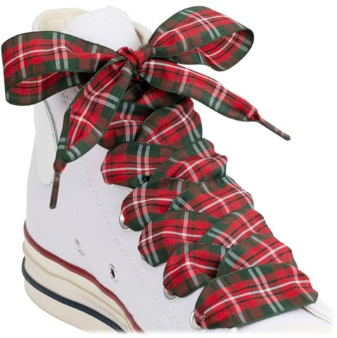 Puzeam 2 Paia di Lacci per Scarpe Piatte in Nastro di Seta Raso 25mm di Larghezza a Scacchi per Scarpe da Ginnastica, Stivali, Ballerine e Pumps（T-Rosso Verde, 140）