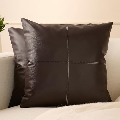 Encasa XO Fundas de cojín de Piel sintética 40x40 cm Puntada marrón Oscuro | Juego de 2 Fundas Decorativas | Fundas de cojín Modernas de Estilo rústico para Sala de Estar, Dormitorio y sofá