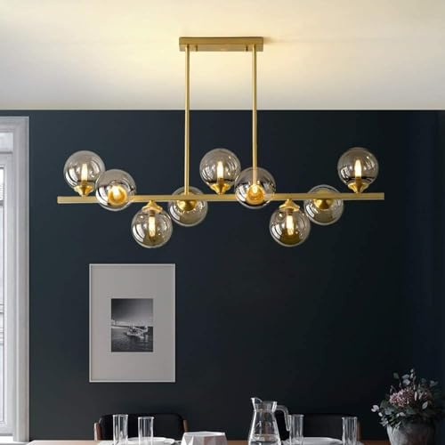 Lampe suspendue LED moderne avec boule de verre dorée à 9 têtes, compatible avec la cuisine, le salon, la salle à manger, luminaire suspendu avec abat-jour en verre ambré,Luxe