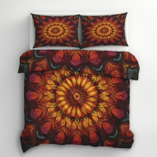 Generico Copripiumino Una Piazza e Mezza Mandala, Set di Biancheria da Letto in Microfibra 3 Pezzi, Parure Copri Piumino 155x200 e 2 Federe 50x80 con Cerniera U165