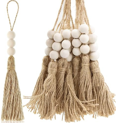 Juego de 20 Borlas de Cuerda de Yute con Cuentas de Madera, Arpillera con Cuentas, Borlas Decorativas Rústicas para Armario, Puertas, Bodas, Fiestas y Proyectos de Manualidades