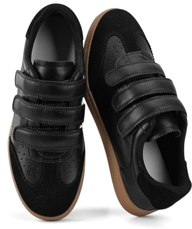 ANFEE Black Sneakers for Women Fashion Retro Casual Shoes Tennis Walking Comfortable Round-Toe Flat Skate Shoe Dressy Sizes 9