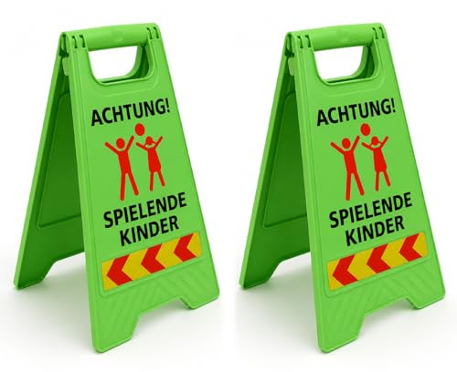 2 segnali di avvertimento per bambini, pieghevoli, 61 x 30 cm, con strisce riflettenti, cartello stradale con scritta Achtung Spielende Kinder, cartello per strade giochi, sentieri scolastici, aree