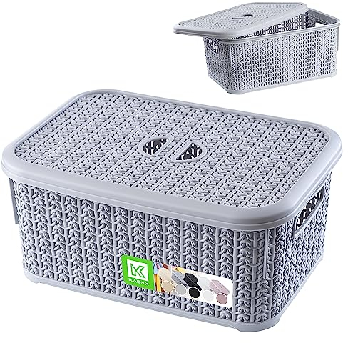 Cestino portaoggetti KADAX con coperchio, 6L, scatola portaoggetti in plastica, cestino rettangolare per riporre oggetti, bagno, cucina, camera dei bambini (grigio)