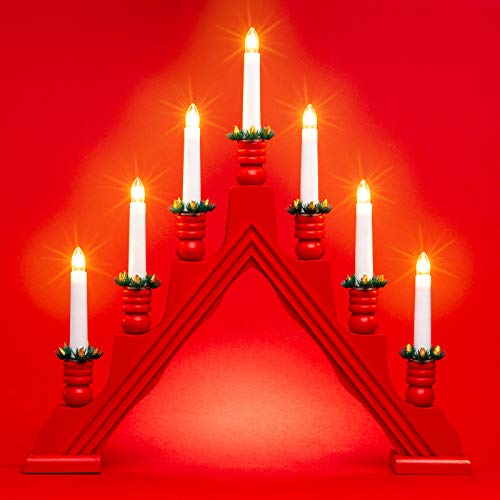 SIKORA LB49 klassisch eleganter Holz Schwibbogen Schwedenleuchter mit 7 elektrischen Kerzen, Farbe:rot