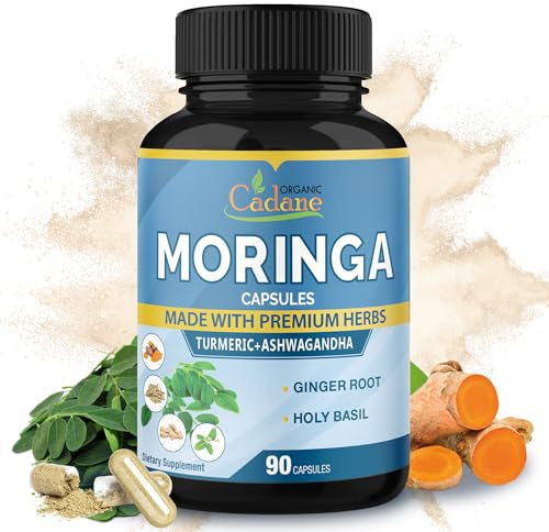 Cadane Moringa Extract Capsules, 3 Months Supply with Ashwagandha, Tulsi, Ginger, Turmeric - Energy Support, Immune System - 90 Capsules