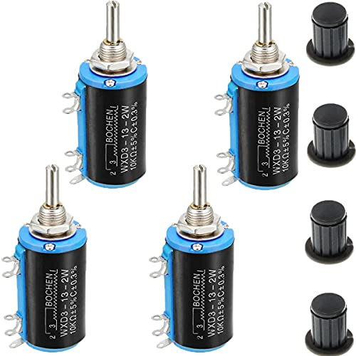 Youmile 4 Stück WXD3-13-2W 10K Ohm Multi-Turn-Wirewound-Potentiometer Drehbares 10-Turn-Wire-Wund-Potentiometer mit 4MM Kupferkern-Knopfhut