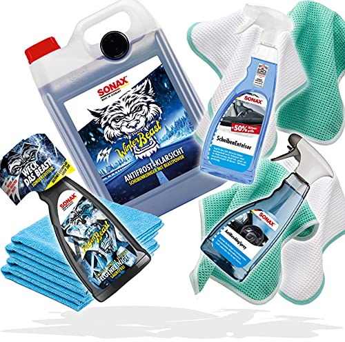 detailmate Auto Winter Set: Sonax WinterBeast AntiFrost + KlarSicht 5 L, ScheibenEnteiser 750 ml, FelgenBeast Winter SonderEdition 1L, AntiBeschlag Spray 500ml, 2x Waffeltuch, 4x Mikrofasertuch