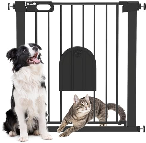 PawHut Dog Gate with Cat Flap Pet Safety Gate Barrier, Stair Pressure Fit, Auto Close, Double Locking, for Doorways, Hallways, 75-82 cm Black