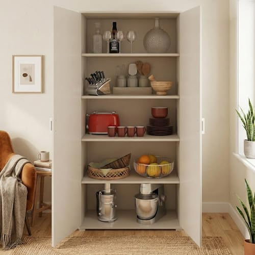 Dmora - Mehrzweckschrank Alisso, Linearschrank mit 2 Flügeltüren, Kleiderschrank mit 4 verstellbaren Einlegeböden, Modernes Schuhregal, 100% Made in Italy, Cm 90x45h195, Beton und Weiß