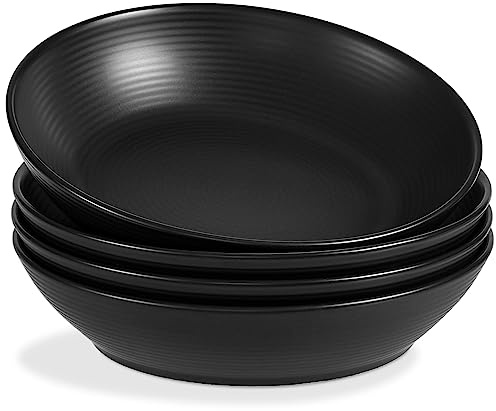 ONEMORE Set di 4 ciotole per pasta, grandi insalatiere da cucina da 24 cm, rotonde in ceramica, ciotole larghe e poco profonde, adatte al microonde e alla lavastoviglie, impilabili, colore nero