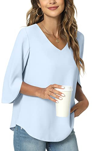 TAOHUADAO Womens Casual V-Neck Work Tunic Top for Leggings 3/4 Sleeve Chiffon Blouse Shirt X-Large, Light Blue