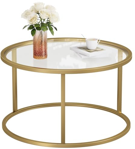 SAYGOER Small Glass Coffee Table Round Gold Coffee Table for Small Space Modern Simple Center Table with Gold Frame for Living Room Home Office, Easy Assembly