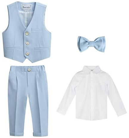 4 Pièces Ensemble de Costume Garçons Smoking, Garçon d'Honneur, Enfants Gentilhomme Baptême Bébé Vêtements Soirée Mariage Cérémonie Fête Tenue Blau F 6-7 Ans