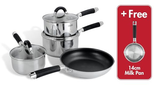 Scoville Steellux 4+1 Piece Cookware Set, Non Stick Stainless Steel Pan Set, Milk Pan, Saucepans & Frying Pan, Suitable for All Hobs, Rapid Heat Distribution, Easy to Clean, PFOA Free, Silver