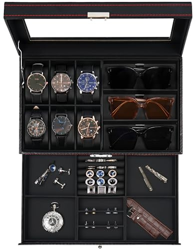 Jenseits Watch Box for Mens Jewelry Box, 6 Slot Watch Case & 3 Slot Sunglasses Organizer, Lockable PU Leather Jewelry Organizer Watch Display Storage W/Drawer For Rings Bracelets, Gift for Men Women