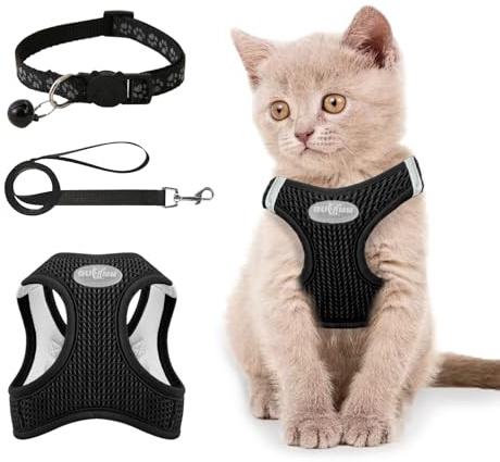 Muecleao Cat Harness and Lead Set, Adjustable Cat Harness for Walking Escape Proof, Soft Kitten Harness and Lead Set Vest with Reflective Strip for Cats Dogs Pets Walking (Black, XS)