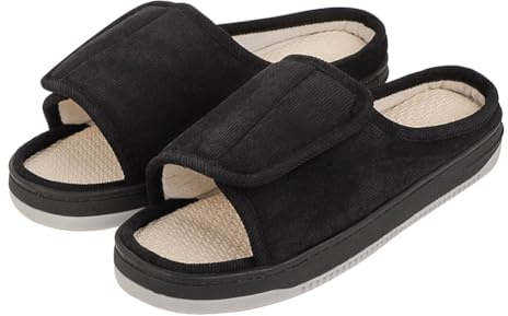 ITODA Comfy Foot Swelling Slippers Extra Wide Fit Edema Sandals Adjustable Open Toe Slippers Breathable Diabetic Swollen Footwear Elderly Anti Slip Memory Foam Shoes Men Women Black