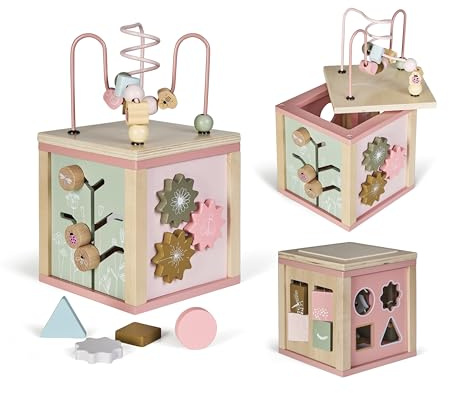 BUDDY BABY Xtudio - Montessori motorisk inlärningskub - skandinavisk design | 1 års startkompetensleksak | Centrum för motoriska färdigheter i trä (pastellrosa)