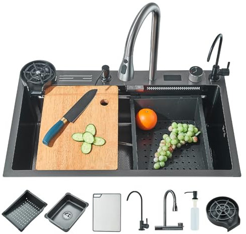 JUNSOTTOR Évier Cuisine Évier à cascade numérique évier en acier inoxydable avec distributeur de savon robinet extractible Jeu complet d'accessoires de Ensemble dÉvier Domestique (75x45cm）