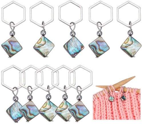 BENECREAT 10 marqueur de Maille Carré en Coquille D'Ormeau Pendentif Coquillage avec anneau de Liaison Hexagonal en Acier Inoxydable 304 Marqueur de Maille Verrouillable pour Tricot et Crochet