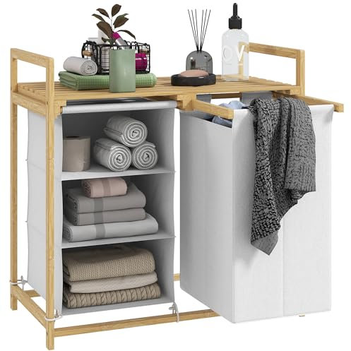 HOMCOM Panier à linge 4 compartiments Collecteur de linge avec 2 sacs à linge extensibles & amovibles en tissu non tissé, plateau 83L Coffre à linge avec poignée Trieur de linge 70 x 36 x 70 cm Bambou