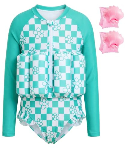 Summshall Maillot de bain pour bébé fille avec flottaison pour enfant - Aide à la natation - Maillot de bain à manches longues - Maillot de bain une pièce, vert, 4-5 ans