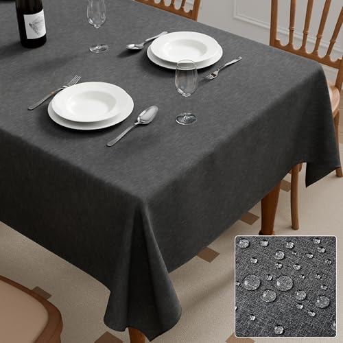 Roerf Rectangle Tablecloth Faux Linen Waterproof 140x180cm Dark Grey | 55x71Inch Spill-Proof Wipeable Table Cover for Dining Kitchen Garden, Indoor Outdoor Use, Easy Care, Faux Linen Texture