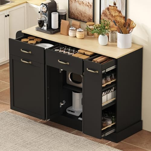 Armario de cocina con encimera, armario buffet, 2 puertas, 4 cajones, estantes ajustables, con compartimento para contenedores de basura y estante externo para especias, buffet de cocina para salón