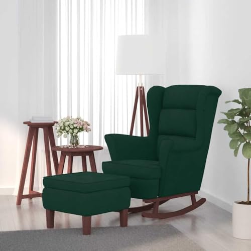 LoogCape Relaxfåtölj med fotskenor i trä, mörkgrön sammet och massivt trä, bekväm lounge- och amningsstol för vardagsrum, sovrum, barn- och babyrum, med armstöd och gungfunktion