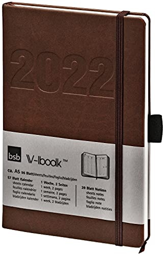 bsb Terminkalender Wochenplaner Taschenkalender Buchkalender, 2025, ca. A5, braun - weiches Kunstleder - mit Gummiband, 1 Woche = 2 Seiten, bsb V-Book, 02-0148
