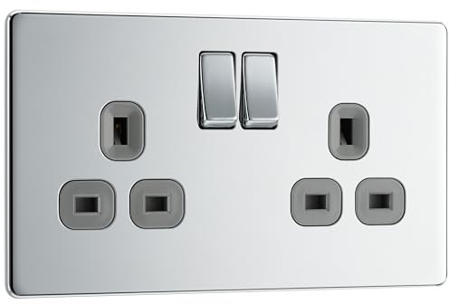 BG Electrical Double Switched Power Plug Wall Socket, Flatplate Screwless, Polished Chrome, Grey Inserts, 13A, FPC22G
