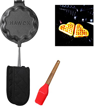 HAWOK Cast Iron Waffle Heart Shape Maker with Handle Hoder and Basting Brush……