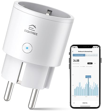 EIGHTREE Smart WLAN Steckdose, Alexa Zubehör WiFi Steckdose mit Strommessung, Sprachsteuerung & Timer, Smart Home funktioniert mit Alexa, Google Home