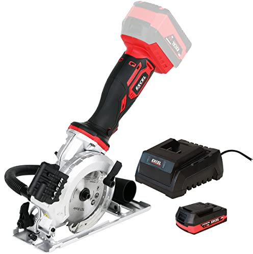 Excel 18V Cordless 115mm Mini Circular Saw (Battery & Charger Not Included) - No-Load Speed 4500/min - Soft Grip - Rip Guide Locking & Laser - Dust Port- Excel kit