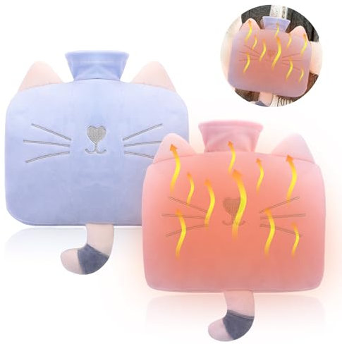 Douthfolle 2 Piezas 1.2L Bolsas Agua Caliente con Funda Botellas de Agua Caliente con Bolsillo para Aliviar el Dolor, Calambres, Terapia de Calor, Calor y Frío