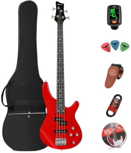E-Bass Gitarre 4 Saiten Full Size P Bass Anfänger Kit für Starter mit Gigbag, Gitarrengurt und Gitarrenkabel (red)
