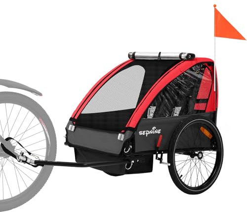 SEPNINE Kinderanhänger für Fahrrad, Fahrradanhänger für 1-2 Kinder, mit 5-Punkt-Sicherheitsgurt, Luftreifen, Handbremse, Faltbar, Max. 40 kg (Rot)
