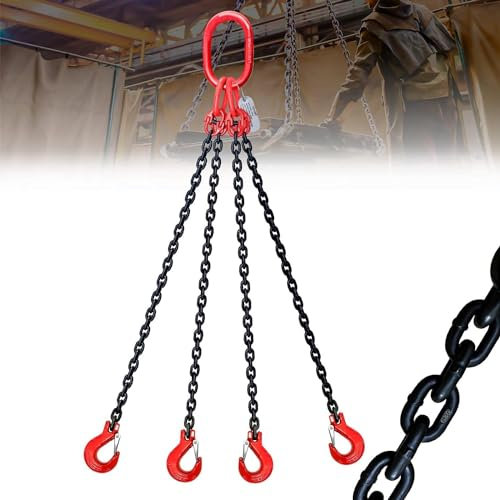 6 Ton 4 Leg Chain Sling 5/16” 6.56 Ft, G80 Alloy Steel 4 Way Chain Slings Quadruple Leg Slings Lifting with 4 Safety Grab Hooks Heavy Duty for Engine Hoist Lifts