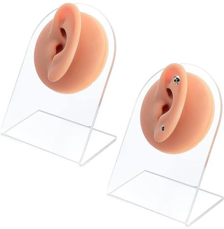 Finto Stampo Per Orecchio, 1 Paio Di Orecchio In Silicone Modello, Orecchio In Gomma Per La Pratica Del Piercing, Morbido Silicone, Con Espositore In Acrilico, Per Orecchini, Espositori Per Gioielli